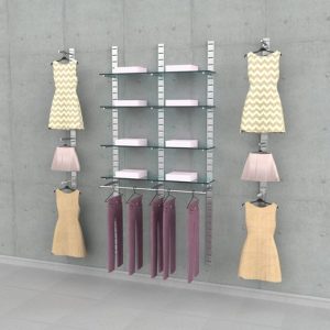 קיט פסי חריצים ל 4 מדפי זכוכית עם 6 תליות פרונטליות, מסילת תליה 120 ס"מ