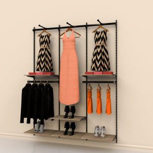 קיט סיסטמה צמוד קיר ל 6 מדפים עם 2 ברי תליה צידית + 3 ברי תליה פרונטלית, שחור