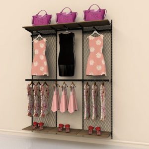 קיט סיסטמה צמוד קיר עם רשת, ל 6 מדפים עם 3 ברי תליה צידית + 3 ברי תליה פרונטלית, שחור