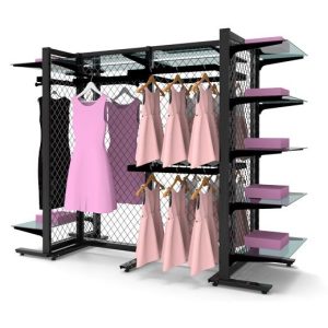 סטנד ויטארו רצפתי עם ראש גונדולה שני צדדים, עם תלייה צידית פרונטלית ומדפים, שחור