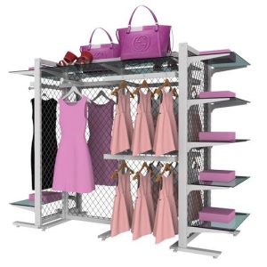 סטנד ויטארו רצפתי עם ראש גונדולה שני צדדים, עם תלייה צידית פרונטלית ומדפים, לבן