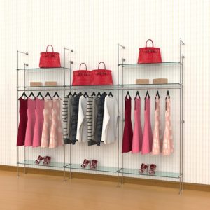 קיט צינור 12 ל 8 מדפי זכוכית ומסילות תלייה 90 ס"מ  - חיבור קיר רצפה