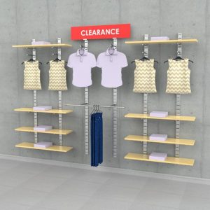 קיט פסי חריצים ל 8 מדפי עץ עם 6 תליות פרונטליות, מסילת תליה 120 ס"מ ושילוט