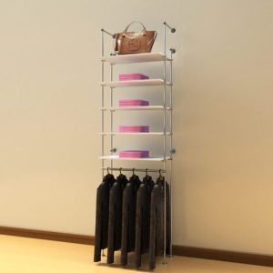 קיט צינור 12 ל 5 מדפי זכוכית או עץ ומסילת תלייה 60 ס"מ  - חיבור קיר רצפה