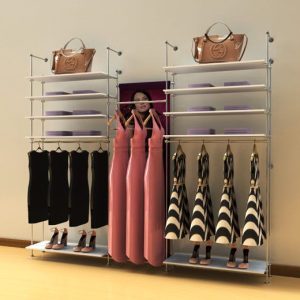 קיט צינור 12 ל 10 מדפי זכוכית או עץ ו 2 מסילות תלייה 60/90 ס"מ, עם מחברי שילוט - חיבור קיר רצפה